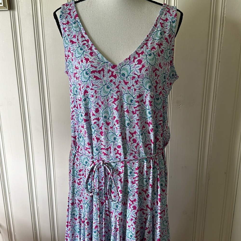 Loft Print Dress V-Neck Size L Pink/Green/Blue/White